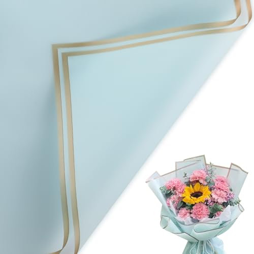 20 Blatt Blumenstrauß Geschenkpapier Wasserdicht Blumenpapier Geschenkpapier Blumenpapier für Hochzeit Geburtstage Party Dekoration DIY Kunsthandwerk 57 x 57 cm (Himmelblau und Goldrand)