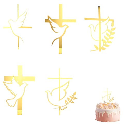 PMELCXD Erstklassige Taufe & Erstkommunion Tortendeko - 5 Stück goldene Friedenstaube Kreuz Kuchendeko, Perfekt für Taufe, Erstkommunion, Firmung & Geburtstagstorten