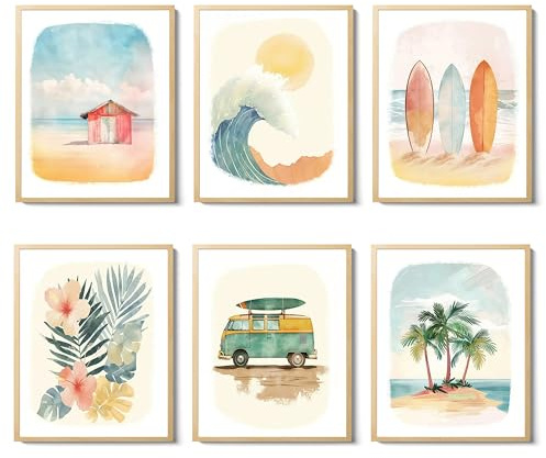 Strand-Kinderzimmer-Poster, Set mit 6 Ozean-Kinder-Wandkunst, Aquarell, Sommer-Surf, Wanddekoration, Strand-Jungen-Raumdekoration, lustig, Teenager, Küste, Surfbrett, Leinwanddrucke, ästhetisch