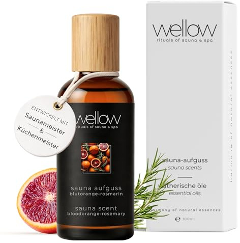 wellow® Sauna Aufguss Blutorange-Rosmarin – 100 ml Saunaaufguss-Konzentrat mit ätherischen Ölen – fruchtig-frische Zitrusnote – hochkonzentriert & ergiebig, Made in Germany