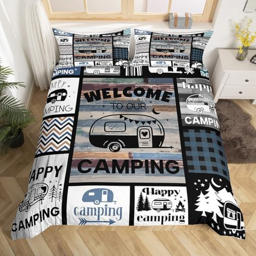 Homemissing Happy Camping Bettbezug Set Kinder Camper Bettwäsche Set 155x220cm RV Camping Bettwäsche Tröster für Schlafzimmer Geometrie Plaid Braun Blau Betten Set