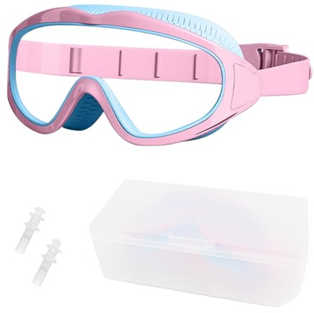 MeiKYing Lunette Piscine Enfant, Lunettes de Natation Anti-Buée avec des Verres Larges, Inclut Bouchons d'Oreilles, Lunette de Plongée Enfant, Joints Protecteurs des Orbites, pour 3-16 Ans, Rose