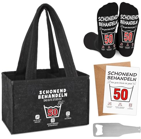 WenmthG Geschenkset zum 50 Geburtstag Männerhandtasche Bier Filz mit Flaschenöffner und Lustige Socken und Grußkarten für Mann Frauen, Bier Geschenke Männer Bierträger Flaschentasche für 6 Flaschen