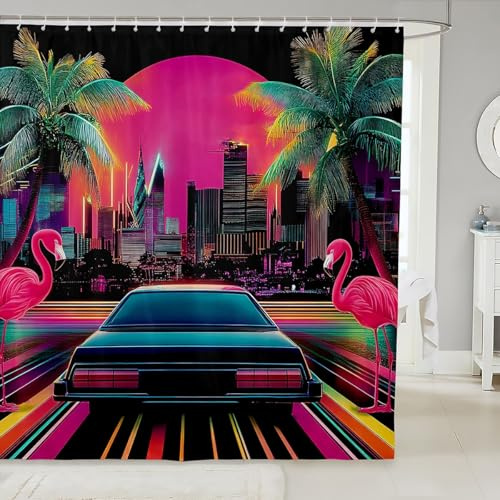 feelingyou Rideau de douche motif voiture de course cool - 183 x 183 cm - Rideau de douche moderne néon - Motif flamant rose tropical - Pour enfants et adolescents - Accessoires de salle de bain