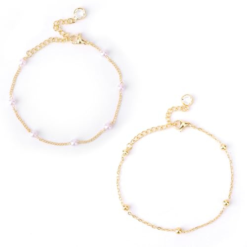 Mikovivi 2stk Goldarmband für Damen, Perlenarmbänder Frauen Stapelbares Perlenarmband Verstellbar Verblasst Nicht Perfekt für Hochzeit Geburtstag und Damenschmuck