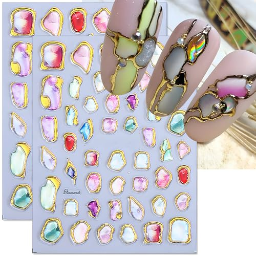 Relief Bunt Unregelmäßig Edelstein Rahmen Nagelsticker Gelee Weich Kleber Kristall Marmor Schieber Nagelaufkleber 5D Geprägt Gem Marble Gold Frame Nail Sticker Nageldesign Nägel Zubehör Nail Art