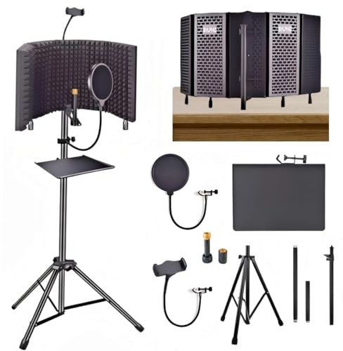 SYLPHID Microphone Isolation Shield with Pop Filter & Stand and Phone Clip, Foldable Triple Layer Sound Proofing, Studio Mic Cover for Recording, Podcasting, Streaming, Singing, YouTube Videos Black