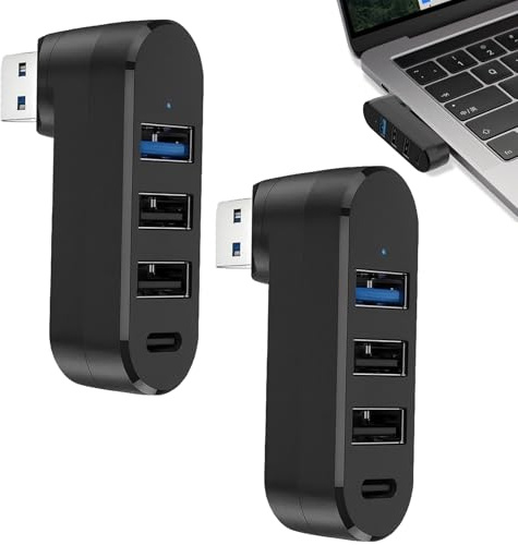 Musiook 2 PCS 4 Port USB Splitter for Car, 2 PCS Rotatable 90°/180° Expansion Hub with 3 USB Ports and 1 USB C Power High Speed Multiport Adapter for Laptop Mobile Phone and Car Black