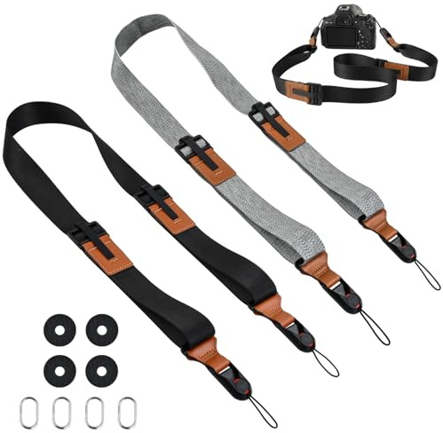 Ecofocet 2 Pièces Sangle Appareil Photo, Sangle pour Appareil Photo équipée d'une boucle de libération rapide, Sangle en Corde Nylon Compatible avec Appareils Photo DSLR ou Mirrorless(Gris + Noir)