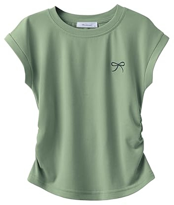 Arshiner Girls T-Shirts Ruched Waist Butterfly Print Kids Top Summer | Girls T-Shirts Short Sleeves Solid Colour Round Neck Tops Shirts Leisure Summer Tees for Kids 5-12 Years