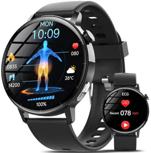 Smartwatch con ECG/𝐆li𝐜𝐞m𝐢𝐚/Pressione Sanguigna/HRV/Acido Urico, 1,41 Orologio Salutare con 24H SpO2/BMI/Temperatura/Cardiofrequenzimetro/Sonno, 150+ Sport, Notifiche Messaggi, Pulsante SOS