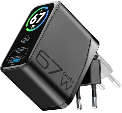 Cellularline PowerView IQ 67W Caricabatterie da Rete con Display TFT, 2 Porte USB-C PD e 1 Porta USB-A 30W, Uscita Simultanea 65W, Tecnologia GaN, Spina Pieghevole