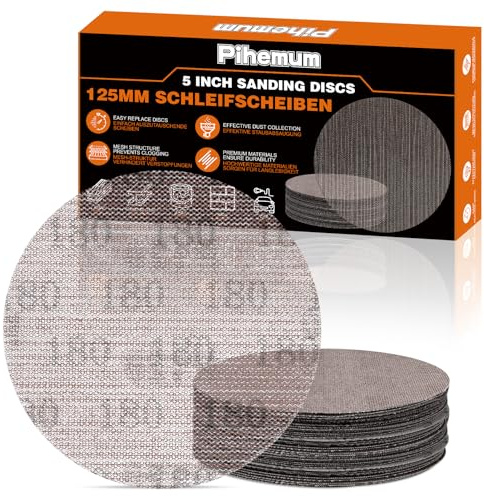 pihemum 50 Pcs 125mm Mesh Sanding Discs 180 Grit Hook and Loop Net Sandpaper for Orbital Sander