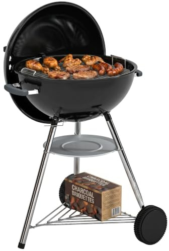 Outsunny Barbecue Carbonella Rotondo Kettle BBQ Portatile con Coperchio | Griglia Ø53.5cm, 2 Scatole Carbone, Ripiano, Termometro, Sfiati Regolabili, Portacenere, Manici, Ruote, per Giardino