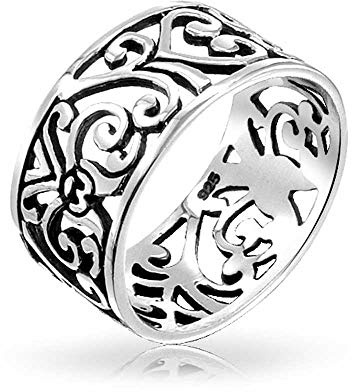 Bail Vine Scroll oxidiert .925 Sterling Silber Open Swirl CZ Blatt Herz Wide Band Ring für Frauen Teens 7-8 MM