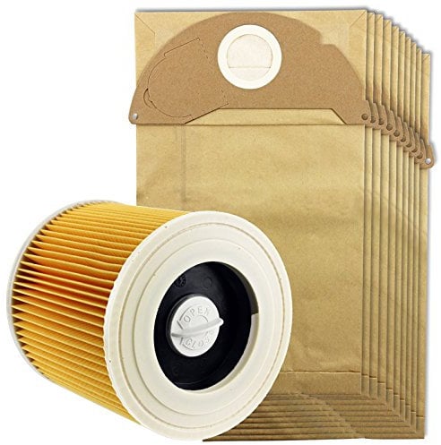 SPARES2GO Cartridge Filter & Dust Bags compatible with Karcher MV2 IPX4 Vacuum Cleaners (Filter + 10 Bags)