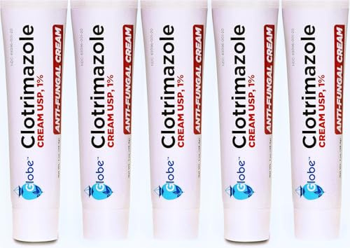 Globe Clotrimazole Antifungal Cream 1% USP (1 oz), Anti Fungal Treatment, Relieves Itching, Burning, Cracking and Scaling Associated Athletes Foot, Jock Itch, Ringworm and More (Pack of 5)