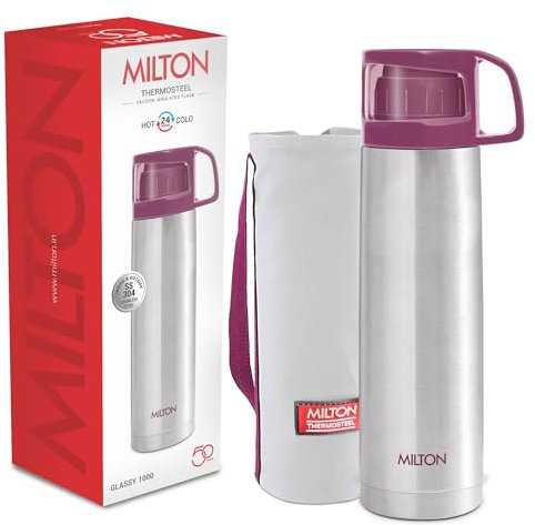 Milton insulated water bottle 1 litre (34 oz) of stainless steel with cup & Cover, Double walled vacuum thermal flasks for hot drinks, Leakproof, for travel, sports, camping, hiking, Glassy-1000 Pink