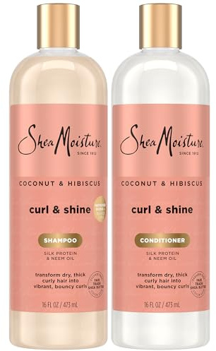 SheaMoisture Coconut & Hibiscus Curl & Shine Shampoo & Conditioner for Bouncy Curls, Frizz Control, 16 Oz Ea