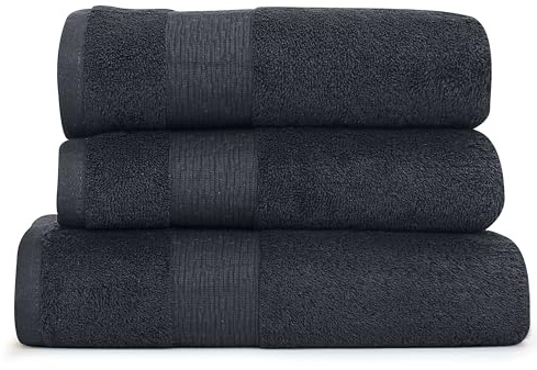 Heim24h - Handtuch-Set 3-teilig, 1 Badetücher, 70 x 140 cm, 2 Handtücher, 50 x 100 cm, Schwarz, weich, saugfähig und schnell trocknend, 100% Baumwolle, 550 g/m², Oeko-TEX® Zertifiziert