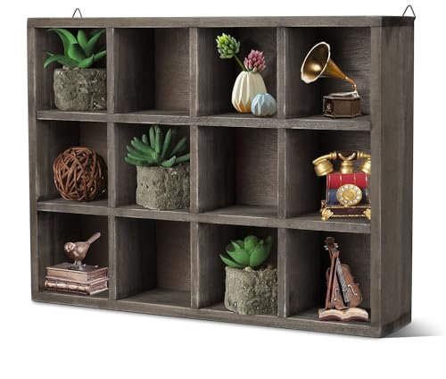 Flexzion Wooden Cubby Shelf - 12-Compartment Floating Hanging Wall Display Shelf Wood Rustic Brown Knick Knack Shelf, Versatile Wall Compartment Shelf with D-ring Mounting Tabs