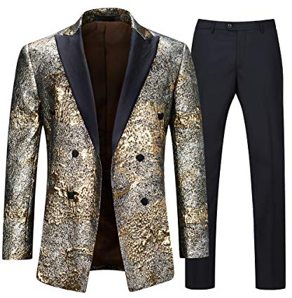 Sliktaa Herren 2 Teilig Jacquard Smoking Slim Fit Hochzeits Anzug mit Doppelreiher Gold L