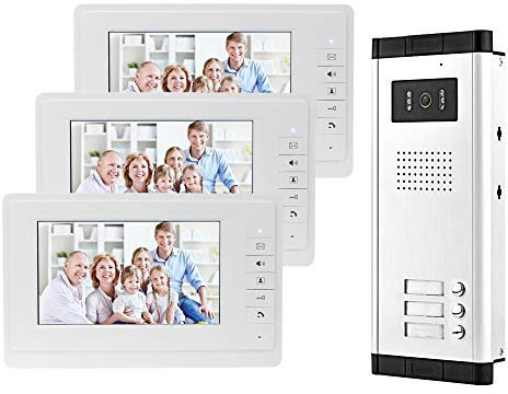 uoweky 7 '' Videocitofono a colori cablato sistema di porte IR telecamera di visione notturna 480p + schermi di controllo interni per 2/3 appartamenti (3 monitor)