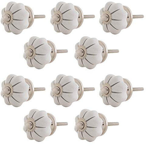 10 X Möbelknöpf Kürbisform klein Keramik Porzellan Vintage Landhausstil Shabby-Chic 34 Ø metrisch M3 Edelstahl (weiss Silber)