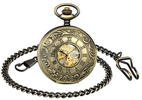 MICGIGI-Unisex Taschenuhr mit Halskette Kette Analog Handaufzug Bronze Römische Ziffern Mechanische Taschenuhren