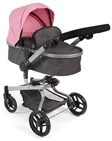 Puppenwagen Yolo, 2in1 Kombipuppenwagen für Kinder von 4 bis 8 Jahren, Melange Anthrazit-rosa