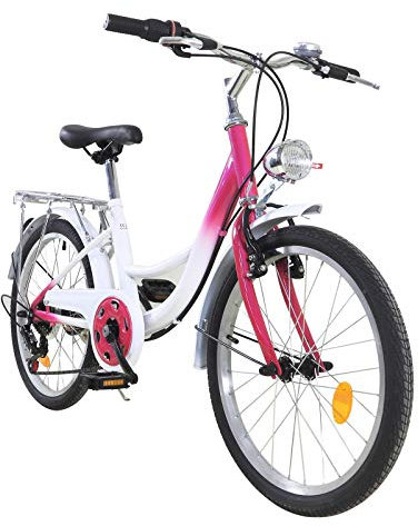 Fetcoi Kinderfahrrad,20 Zoll 6 Gang Kinder Fahrrad Jungen MäDchen Fahrrad Bike Bicycle Mit Lampe(Rosa + Weiß)