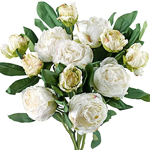 FiveSeasonStuff Vintage Antique White Peonies Silk Artificial Flowers Arrangement with 6 Stems, Wedding Bridesmaids Bouquet Bridal Showers