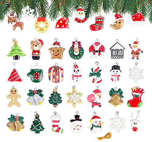36Pcs Mini Christmas Ornaments Resin DIY Christmas Tree Hanging Decorations 3CM with Strings for Small Tree Xmas Pendants Crafts Assorted Santa Claus Snowman Gift