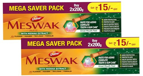 Dabur Meswak Complete Oral Care Zahnpasta - 800 g (400 g x 2, 2er Pack) | Zahnpasta für die Mund- und Zahnfleischpflege | Enthält Reiner und Seltenen Miswak Extrakt | Fluoridfrei