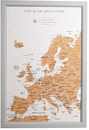 Splosh Reisekarte – Kleine Europakarte als Pinnwand in Grau mit Holzrahmen. Reisetafel aus Kork mit 100 Pins in 2 Farben für vergangene und zukünftige Abenteuer. Geschenk für Reiseliebhaber