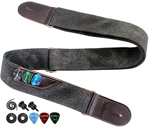 ROTOPATA Tracolla per Chitarra Retrò con 2 Pulsanti 2 Serrature 3 Plettri, Estremità in Vera Pelle, Lunghezza Regolabile da 33 a 55, Cinghie in Morbido Cotone per Basso Acustico Elettrico