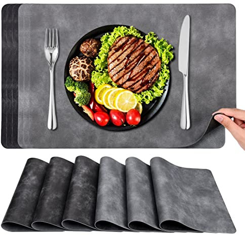 Abwaschbar Tischset Leder Platzset Set - 6er PU-Leder Platzdeckchen Doppelseitigen Wasserdicht Tischsets rutschfest Hitzebeständig für Hause Restaurant Premium Hotel 43x30 cm Schwarz & Grau