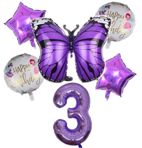 DIWULI Schmetterling Zahl 3 Luftballons - Deko Lila Set