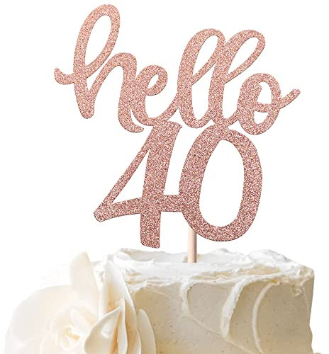 SYKYCTCY 1 Pack Hello 40 Cake Topper Glitter Number 40 Birthday Cake Pick Forty Years Old Cheers to 40 Cake Decorations for 40th Birthday Wedding Anniversary Party Supplies Rosegold