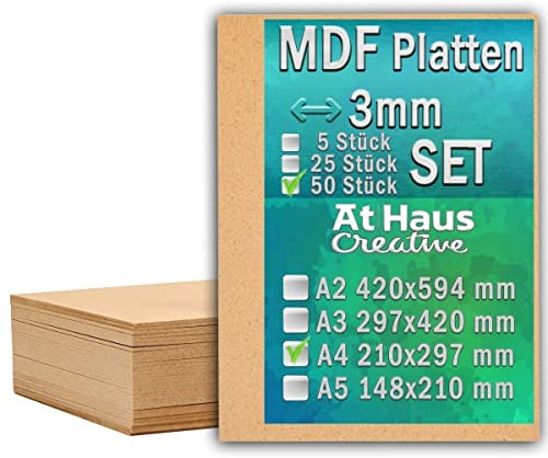 AtHaus MDF SET 50 x A4-297 x 210mm Holz-Platten 3mm Dünne Holzplatten Zuschnitt zum Basteln, Bemalen, Modellierung, Gravur, Perfekt für Laser, CNC Router