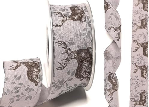 Schleifenband 20m x 40mm grau - braun Hirsch Wild Jagd Dekoband Geschenkband [1399]