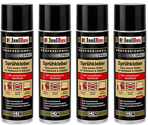 Isolbau Sprühkleber 4 x 500 ml - Extra starker Kleber für Heimwerk & Industrie - Klebe-Spray für Schaumstoff, Holz, Stoff, Leder, Filz uvm