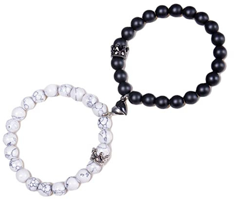Herz Armband Perlen, Damen Armbänder Perlen Magnesit Zirkonia Weiß Schwarz Magnetische Perlenpaare 16.7cm Kristall Chakra Herren