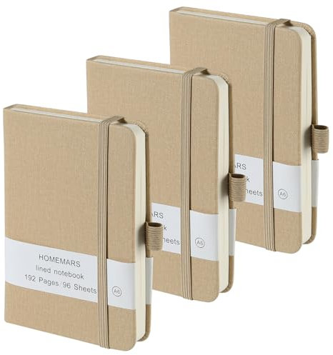 HOMEMARS Notizbuch a6, Notebook, Journal Buch, Notizblock a6, Kleines Notizbuch, 3 Pack, Total 288 Sheets, 576 Pages, Beige, 80 GSM, 9.6 x 14.5cm, Hardcover, Pen holder