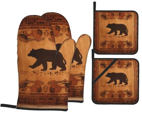 Bear Ofenhandschuhe und Topflappen, Set mit 4 hitzebeständigen Küchen-Ofenhandschuhen mit heißen Pads, rutschfeste Ofenhandschuhe, waschbare Topflappen zum Kochen, Grillen, Grillen, Grillen, Grillen,
