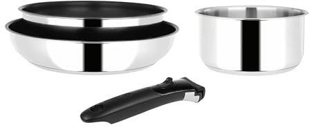Sitram 716899 Batterie de cuisine 4 pièces Acier Inoxydable Collection Arpege : manche amovible, 2 Poêles Ø20,24 cm, 1 Casserole Ø16 cm - Revêtement sans PFOA - Tous feux dont induction