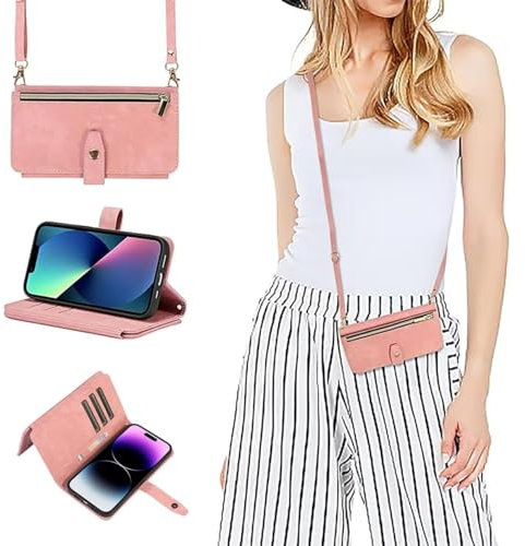 xinyunew Premium Leder Klapphülle für Huawei P30 Pro Hülle mit Band, Leder Huawei P30 Pro Handytasche Handyhülle Praktische Handykette Kartenfächer Umhängetasche Huawei P30 Pro Case,Rosa