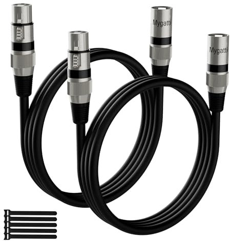 Mygatti Cavo per microfono XLR Bilanciato 3 M(2 Pezzi,nero),da maschio a femmina,schermatura a 3 pin,cavo patch DMX,con soppressione EMI e RFI,compatibile con amplificatore,altoparlante+5 fascette