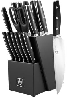MasterChef Juego de Cuchillos de Cocina Profesional con Soporte, con Cuchillo Chef, Cebollero, Santoku, Pan, Chuleteros, Afilador y Tijeras, Acero Inox con Alto Carbono, Asas Triple Remache, 15 Piezas
