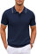 COOFANDY Men's Knitted Polo Shirts Short Sleeve Knitt Summer Poloshirts Basic Golf Polo T-Shirts Stretch Navy Blue (White Striped) S